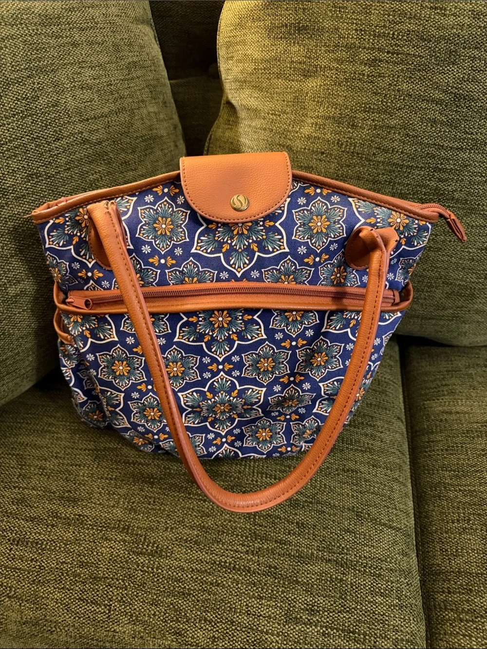 Blue Patterned Insulated Lunch Bag / Tote with Tan Trim
